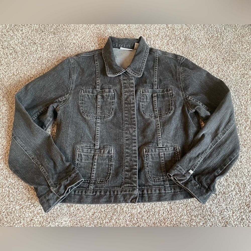 Chico's Platinum Black/Dark Gray Multi-Pocket Denim Jacket Size M